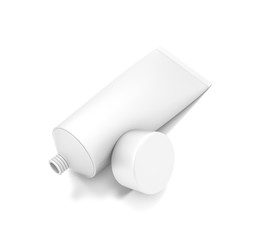 White horizontal cosmetic cream tube from top front closeup angle.