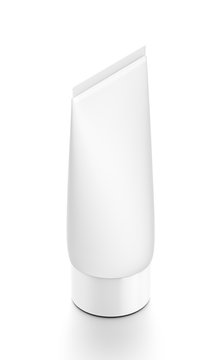 White vertical cosmetic cream tube from top side far angle.