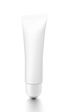 White vertical cosmetic cream tube from front side angle.