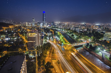 Night view of Santiago de Chile toward the east part of the city, showing the Mapocho river and Providencia and Las Condes districts