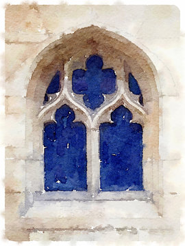 Digital watercolor painting of an old cathedral window