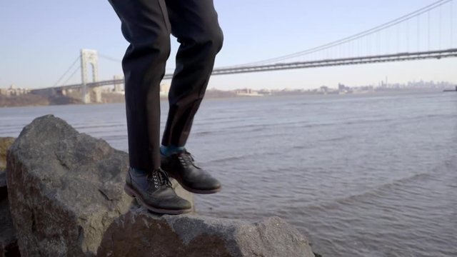 slow motion of walking feet overcoming obstacles step by step forward to success