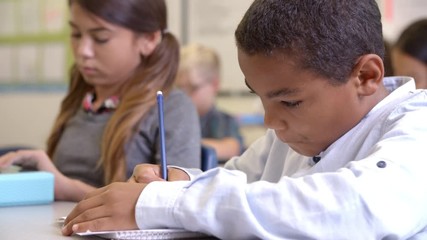 Close up of 5th grade schoolboy writing at his desk in class - Powered by Adobe