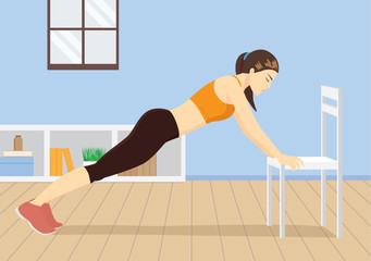 Busy woman workout at home with white chair. Push up. Illustration about healthy lifestyle.