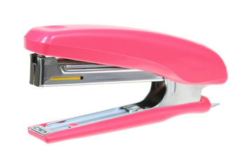 one pink stapler isolated on white