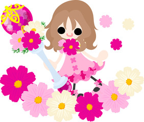 A cute little girl in the flower field and the magic stick of cosmos