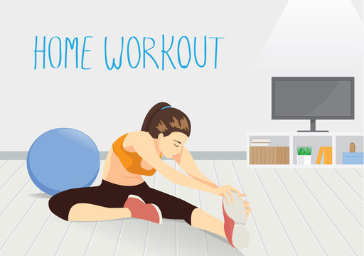 Woman workout in room at home. Illustration about healthy lifestyle.