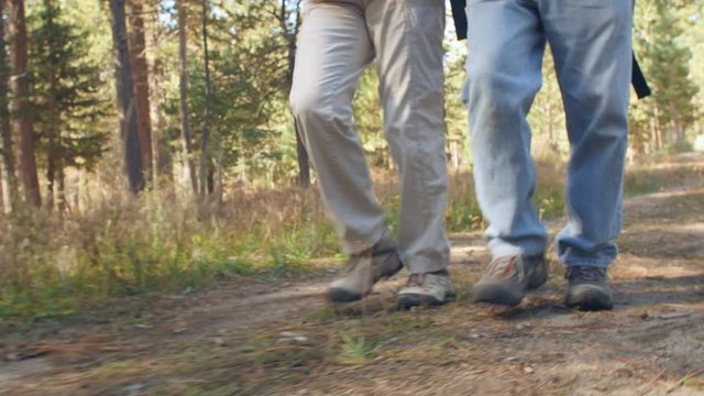 A man and a woman walking on forest trail, close up of legs