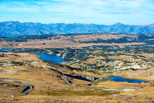 View of lakes and mountains in the Shoshone National Forest in the Beartooth Mountains in Montana and Wyoming