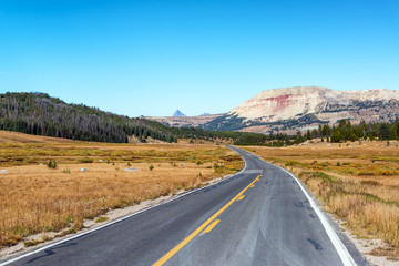 Highway and beautiful view in Shoshone National Forest in Wyoming