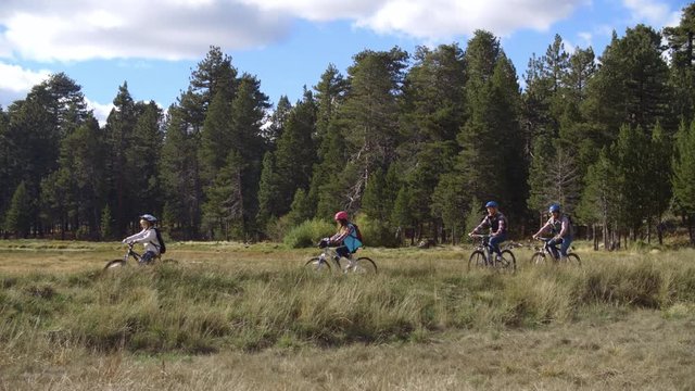 Family cycling past lake, Big Bear, California, panning shot