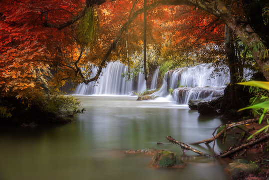 Palatha Waterfall Umphang Tak ,Thailand. Change color leaf concept in autumn scene. © devilkae