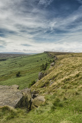 Magnificent landscape of rock formations and moorland at Stanage Edge in the Peak District in Derbyshire, a stunning area of great natural beauty covering 555 square miles across central England