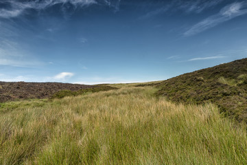 Magnificent landscape of rock formations and moorland at Stanage Edge in the Peak District in Derbyshire, a stunning area of great natural beauty covering 555 square miles across central England