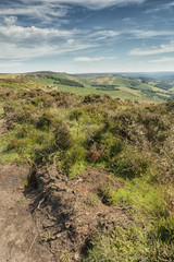 Magnificent landscape of rock formations and moorland at Stanage Edge in the Peak District in Derbyshire, a stunning area of great natural beauty covering 555 square miles across central England