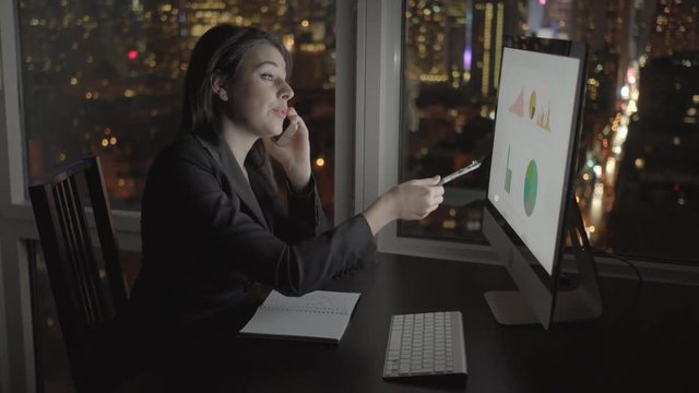 caucasian women working in modern office. computer workplace. urban city skyline