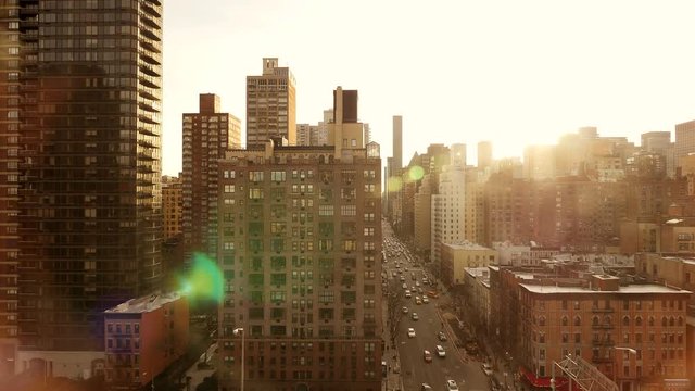 urban city lifestyle background. sun flare sunset magic hour. nyc metropolis