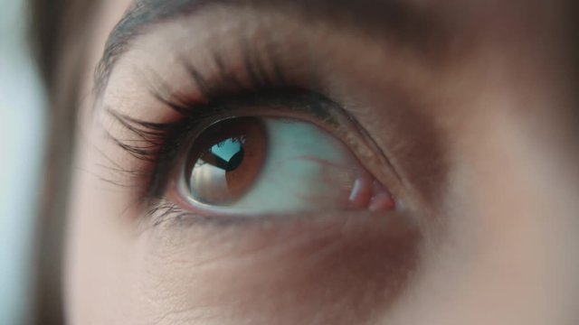Extreme close up of a woman&rsquo;s brown eye opening, looking up