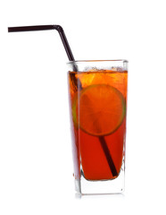 tea cocktail with lemon and ice on a white background