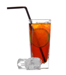 tea cocktail with lemon and ice on a white background