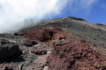 Terrain on climbing route on Mount Fuji, a symmetrical volcano and tallest peak in Japan which is one of the most popular mountains in the world to climb