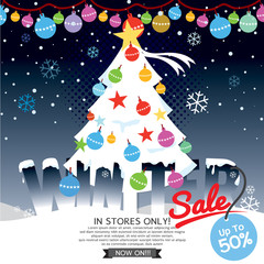 Decorated Christmas Tree Winter Concept Up To 50 Percent Sale Template Vector Illustration.