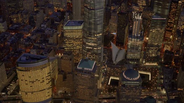 ground zero world trade center memorial aerial view at night. 