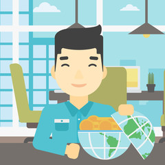 Businessman with Earth globe full of money.