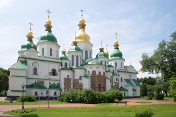 Fototapeta na wymiar Sunny summer day at the old St. Sophia Cathedral. Kiev, Ukraine