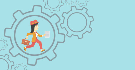 Business woman running inside the gear.