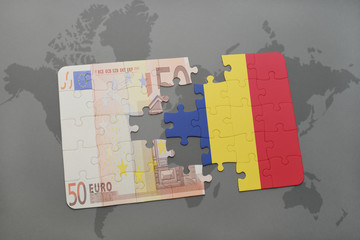 puzzle with the national flag of chad and euro banknote on a world map background.