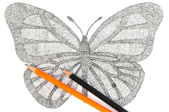 Butterfly made with pattern of dots. Seamless handmade pattern w
