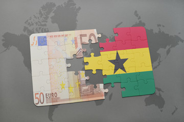 puzzle with the national flag of ghana and euro banknote on a world map background.