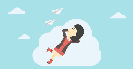 Business woman lying on cloud vector illustration.