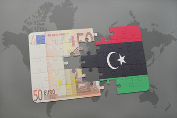 puzzle with the national flag of libya and euro banknote on a world map background.