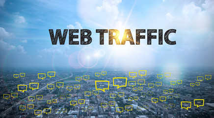 WEB TRAFFIC text on city and sky background with bubble chat ,bu