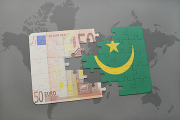 puzzle with the national flag of mauritania and euro banknote on a world map background.