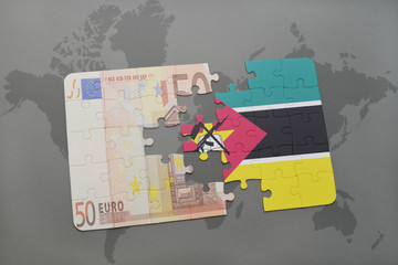puzzle with the national flag of mozambique and euro banknote on a world map background.