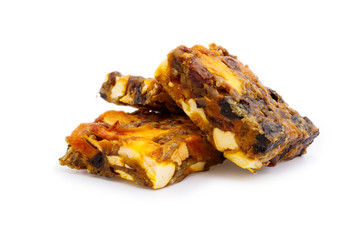 Tasty vegetarian granola crumble cake with dried fruits isolated