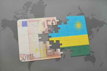 puzzle with the national flag of rwanda and euro banknote on a world map background.