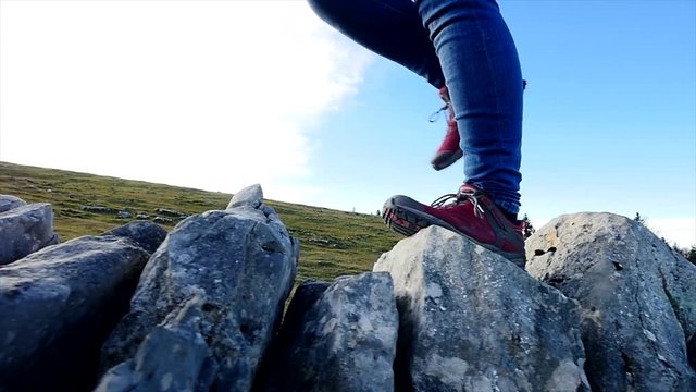 slow motion of frame hiker foot steps. adventure sports activity