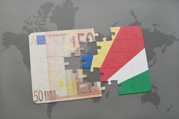 puzzle with the national flag of seychelles and euro banknote on a world map background.