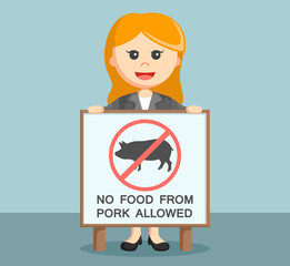businesswoman with forbidden pork food board