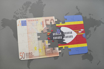 puzzle with the national flag of swaziland and euro banknote on a world map background.