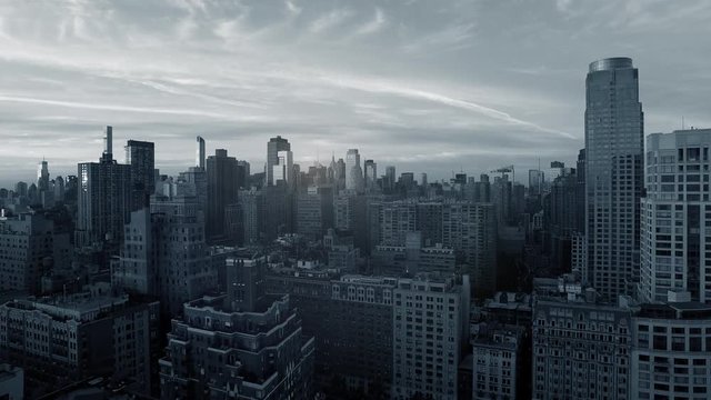 aerial establishment shot of new york city skyline. business buildings district