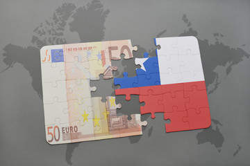 puzzle with the national flag of chile and euro banknote on a world map background.