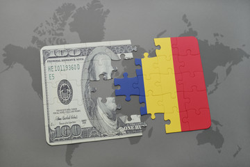 puzzle with the national flag of chad and dollar banknote on a world map background.