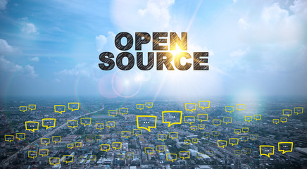 OPEN SOURCE  text on city and sky background with bubble chat ,b