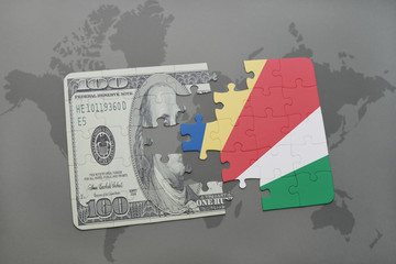 puzzle with the national flag of seychelles and dollar banknote on a world map background.