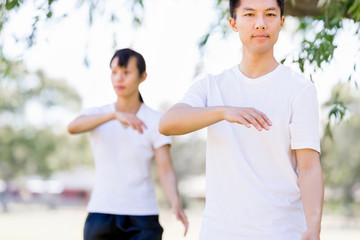 People practicing thai chi in park